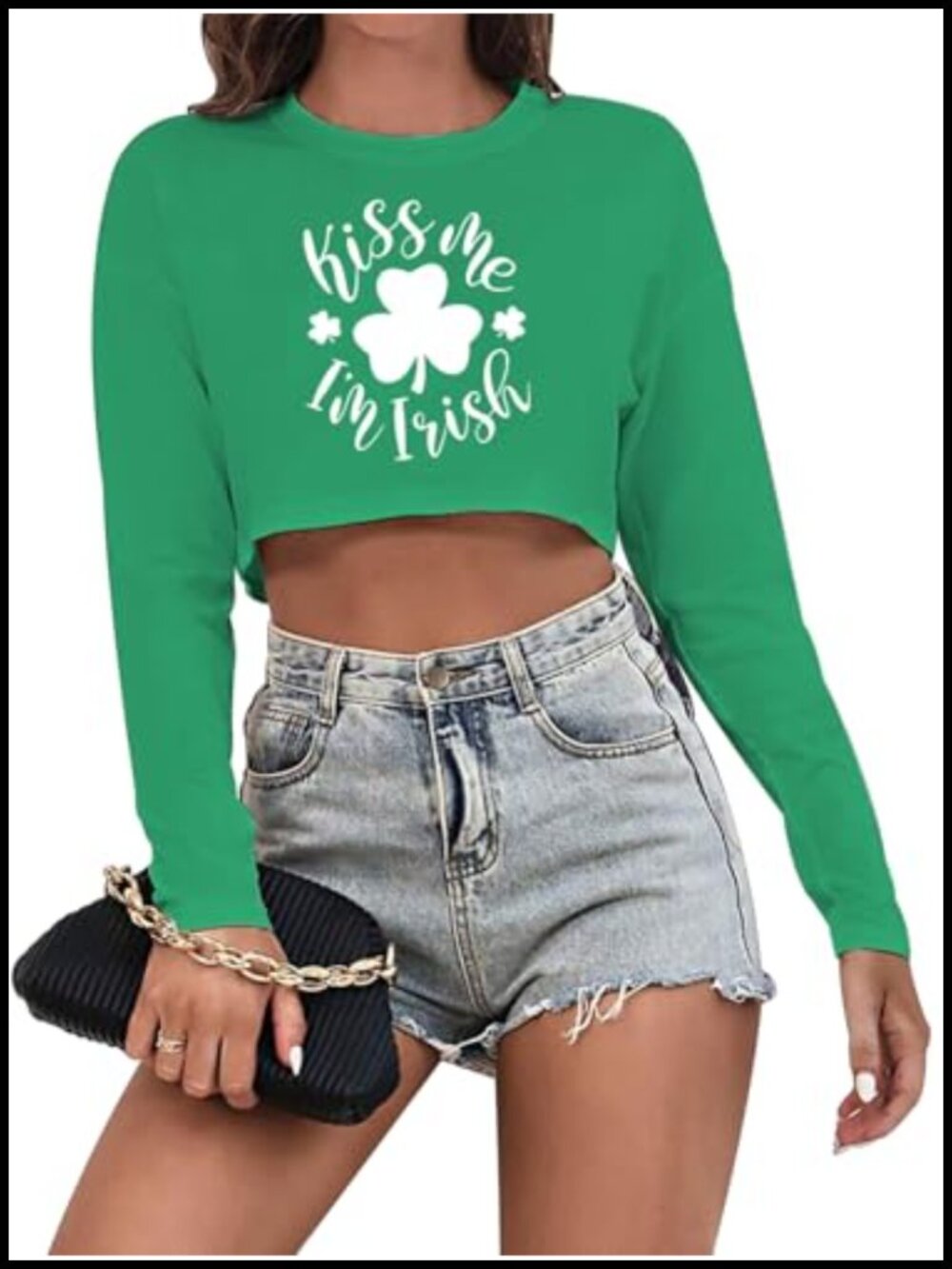 Irish Shamrock Graphic Crop Top Long Sleeve St Patricks Day Shirt